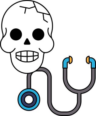 Kafasında steteskop olan bir kafatası. Kafatası gülümsüyor ve steteskop boynuna yapışmış.
