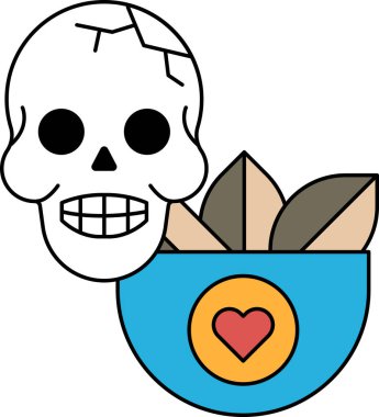 Yüzünde bir gülümsemeyle bir kafatası çizilir ve sağ alt köşeye bir kalp çizilir.