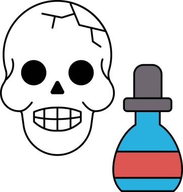 Yanında ilaç şişesi olan bir kafatası. Kafatası siyah beyaz çizilmiş ve yüzünde bir gülümseme var.