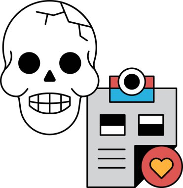 Beyaz arka planda bir kafatası ve yanında bir pano var. Kafatası gülümsüyor ve panoda bir kalp var.