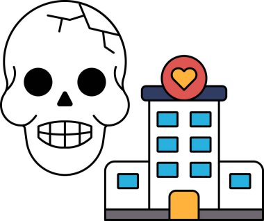 Üzerinde kalp olan bir binanın yanına bir kafatası çizilir. Kafatası kırılmış ve bina bir hastane.