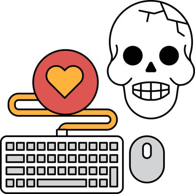 Bir kafatası bilgisayar klavyesinde ve farenin üzerinde. Kafatası bir kalp ve ağzı olan bir kafatası ile çevrilidir.