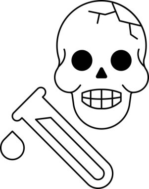 Yanında laboratuvar tüpü olan bir kafatası. Kafatası siyah beyaz çizilmiş. Kafatası ve tüp çok basit bir şekilde çizilmiş.