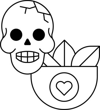 Yüzünde bir gülümsemeyle bir kafatası çizilir ve sağ alt köşeye bir kalp çizilir.