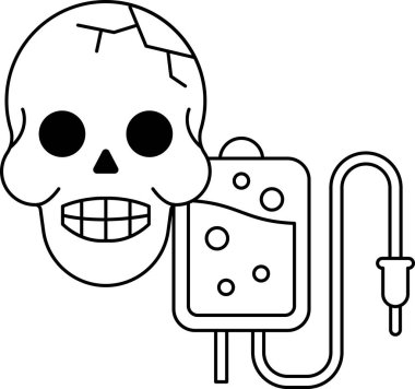 Üzerinde şırınga olan bir kafatası. Kafatası gülümsüyor ve şırınga sıvı dolu.