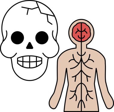 Bir kafatası ve bir iskeletin iskeleti siyah beyaz çizilir. İskeletin iskeleti kaşlarını çatarken ve ağzı kapalıyken kafatası gülümsüyor ve ağzı açık kalıyor.