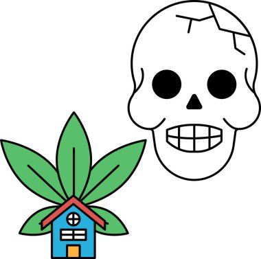 Bir ev ve yaprağın yanında bir kafatası çizilir. Kafatası gülümsüyor ve ev karanlık.