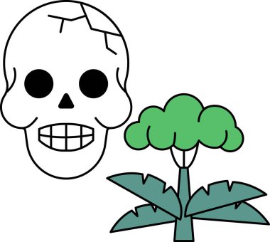 Yüzünde bir gülümsemeyle bir kafatası çizilir ve arka planda bir ağaç çizilir. Kafatası yeşil bir arka planla çevrili, bu da görüntüye ürkütücü ve ürkütücü bir hava veriyor.