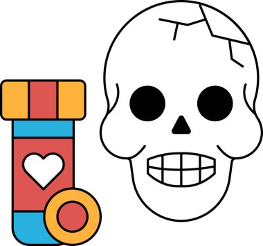 Bir ilaç şişesinin yanına bir kafatası çizilir. Kafatası gülümsüyor ve şişe bir kalp taşıyor.