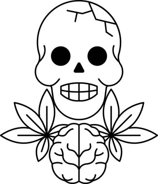 Beyni olan bir kafatası ve üzerinde bırakır. Kafatası gülümsüyor ve beyin gülümsüyor