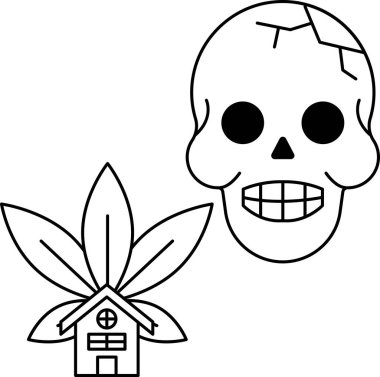 Bir ev ve yaprağın yanında bir kafatası çizilir. Kafatası gülümsüyor ve ev karanlık.