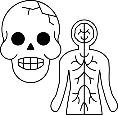 Bir kafatası ve bir iskeletin iskeleti siyah beyaz çizilir. İskeletin iskeleti kaşlarını çatarken ve ağzı kapalıyken kafatası gülümsüyor ve ağzı açık kalıyor.