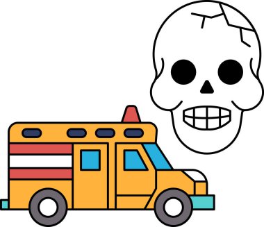 Bir kafatası ve bir kamyonun siyah beyaz çizimi. Kafatası gülümsüyor ve kamyon bir ambulans.