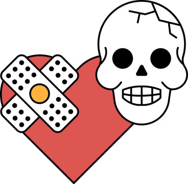 Kafasında bandaj olan bir kafatası kalbin yanına çizilir. Kafatası gülümsüyor ve kalp kırılıyor. Üzüntü ve kayıp kavramı