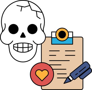 Bir kafatası bir kalem ve bir kağıt parçasıyla bir masanın üzerindedir. Kafatası bir kalp ile çevrili, bu da bu görüntünün aşk ve ölümle ilgili olduğunu gösteriyor.