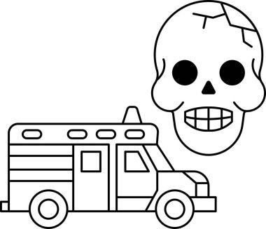 Bir kafatası ve bir kamyonun siyah beyaz çizimi. Kafatası gülümsüyor ve kamyon bir ambulans.