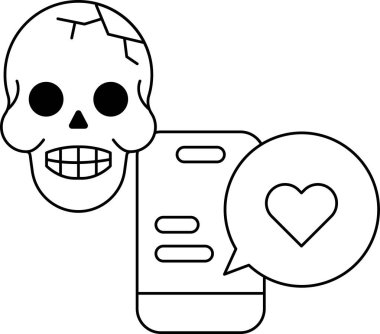 Kafatası, üzerinde kalp olan bir cep telefonunun yanında. Kafatası gülümsüyor ve kalp açık