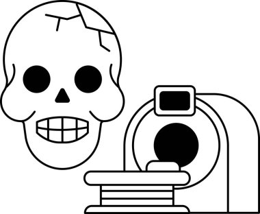 Kafatası CT tarayıcısına benzeyen bir makinenin yanında. Makine izleyiciye bakarken kafatası gülümsüyor. Sahne neşeli ve şen şakrak