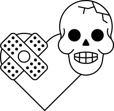 Kafasında bandaj olan bir kafatası kalbin yanına çizilir. Kafatası gülümsüyor ve kalp kırılıyor. Üzüntü ve kayıp kavramı