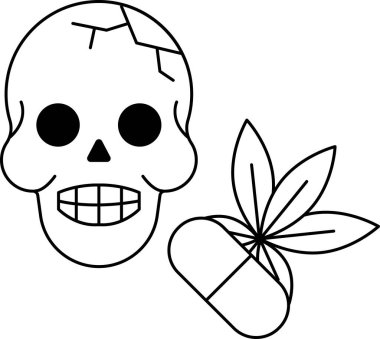 Yanında hap olan bir kafatası çizilir. Kafatası kırık bir çene ve eksik bir gözle çizilmiş. Hap beyaz etiketle çizilmiş. Sahne karanlık ve uğursuz.