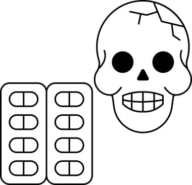 Kafatası ilaç şişesinin yanına çizilmiş. Kafatası gülümsüyor ve ilaç şişesi açık.