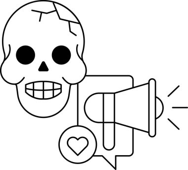 Kalbi ve mikrofonu olan bir kafatası. Kafatası gülümsüyor ve kalp kafatasının ortasında.