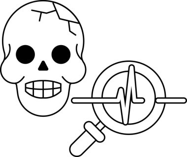 Çenesi kırık ve üzerinde büyüteç olan bir kafatası. Kafatası siyah bir çemberle çevrili.