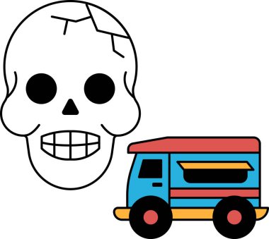 Kafatası bir kamyonun sol tarafında. Kafatası gülümsüyor ve ağzı açık.