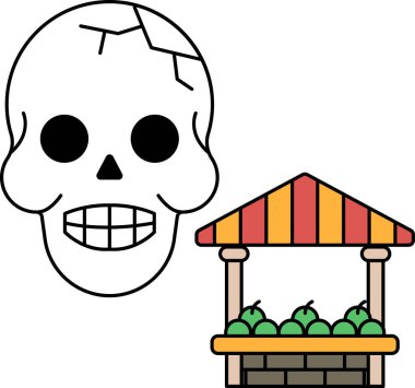 Yüzünde bir gülümsemeyle bir kafatası çizilir ve arka planda bir ev çizilir. Kafatası gülümsüyor ve ev boş.