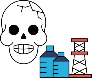Yüzünde bir gülümsemeyle bir kafatası çizilir. Kafatası birkaç şişe ve bir elektrik santrali ile çevrili.