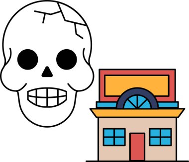 Bir binanın yanına bir kafatası çizilir. Kafatası gülümsüyor ve ağzı açık. Bina penceresi olan küçük bir ev.