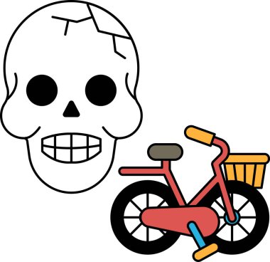 Kafatası bir bisikletin yanındadır. Kafatası kırılmış ve bir gözü yok. Bisiklet sepeti olan küçük bir bisiklet.