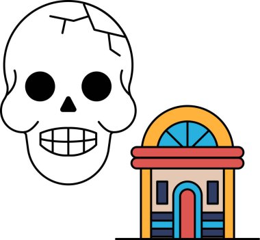 Bir binanın yanına bir kafatası çizilir. Kafatası gülümsüyor ve ağzı açık. Bina penceresi olan küçük bir ev.