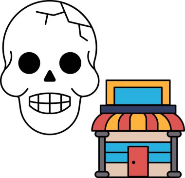 Bir binanın yanına bir kafatası çizilir. Kafatası açık ve ağzı var. Bina bir mağaza.