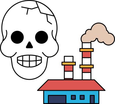 İçinden duman çıkan bir fabrikanın yanına bir kafatası çizilir. Kafatası gülümsüyor ve fabrika karanlık ve kasvetli