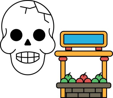 Bir meyve tezgahının yanına bir kafatası çizilir. Kafatasının yüzünde bir gülümseme var ve elmalarla çevrili.