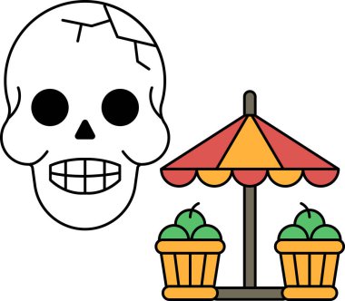 Yüzünde bir gülümsemeyle bir kafatası çizilir ve üzerine bir şemsiye çizilir. Şemsiye, üzerinde elma demeti olan bir masanın üstünde.