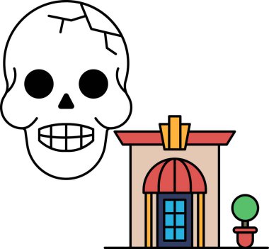 Yüzünde bir gülümsemeyle bir kafatası çizilir ve bir binanın yanındadır. Bina penceresi ve saksısı olan küçük bir ev.