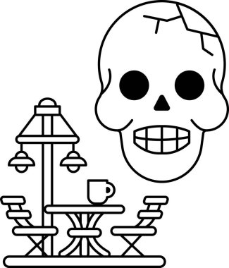 Bir kafatası, bir kafenin siyah ve beyaz görüntüsünün merkezine çizilir. Kafatası bir masa ve sandalyelerle çevrili ve masanın üzerinde bir fincan var. Görüntünün ürkütücü ve ürkütücü bir havası var.