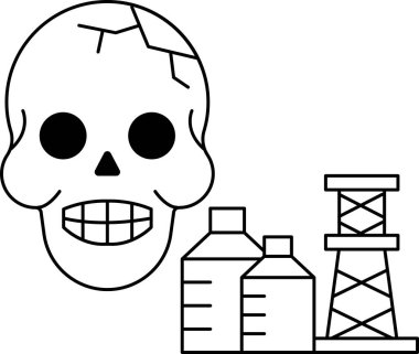 Yüzünde bir gülümsemeyle bir kafatası çizilir. Kafatası birkaç şişe ve bir elektrik santrali ile çevrili.