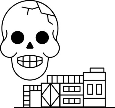 Bir binanın yanına bir kafatası çizilir. Kafatası gülümsüyor ve ağzı açık. Bina birçok penceresi olan büyük, beyaz bir yapıdır. Sahne ürkütücü ve gizemli.