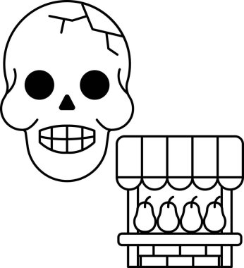 Bir kafatası gülümsüyor ve ağzı açık. Arkasında elmalı bir meyve standı var. Kafatası siyah beyaz çizilmiş.
