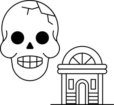 Bir binanın yanına bir kafatası çizilir. Kafatası gülümsüyor ve ağzı açık. Bina penceresi olan küçük bir ev.