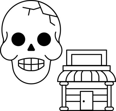 Bir binanın yanına bir kafatası çizilir. Kafatası açık ve ağzı var. Bina bir mağaza.