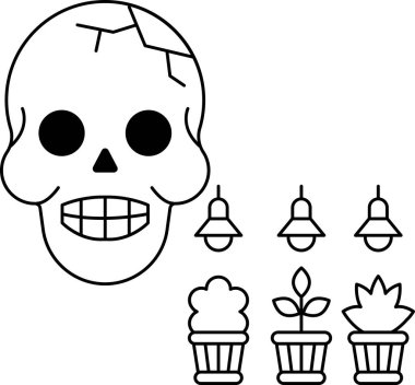 Bir kafatası bir grup saksı bitkisiyle çevrilidir. Kafatası gülümsüyor ve bitkiler farklı boyutlarda.