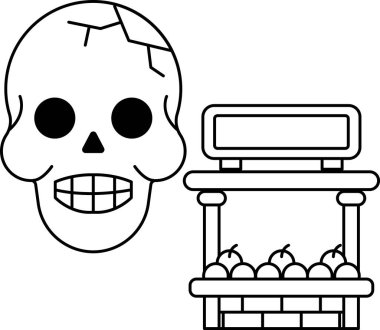 Bir meyve tezgahının yanına bir kafatası çizilir. Kafatasının yüzünde bir gülümseme var ve elmalarla çevrili.