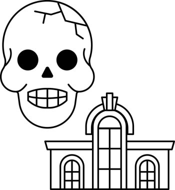 Bir kafatası gülümsüyor ve arka planda bir bina ile ağzı açık duruyor. Kafatası siyah ve beyaz bir arka planla çevrilidir.