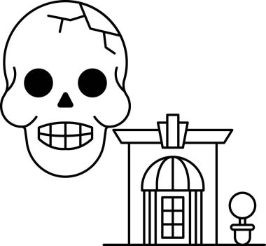 Yüzünde bir gülümsemeyle bir kafatası çizilir ve bir binanın yanındadır. Bina penceresi ve saksısı olan küçük bir ev.