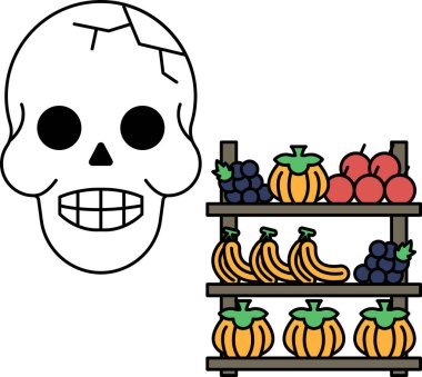 Bir kafatası gülümsüyor ve ağzı açık dururken, arkasında bir meyve ve sebze sergisi var.