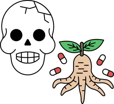 Bir kafatası ve bir bitki yan yana çizilir. Kafatası gülümsüyor ve bitki topraktan çıkıyor. Sahne neşeli ve şen şakrak